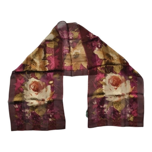 Ralph Lauren Accessories - Lauren Ralph Lauren Floral Silk Skinny Scarf Twilly Burgundy Pink Gold 53x12